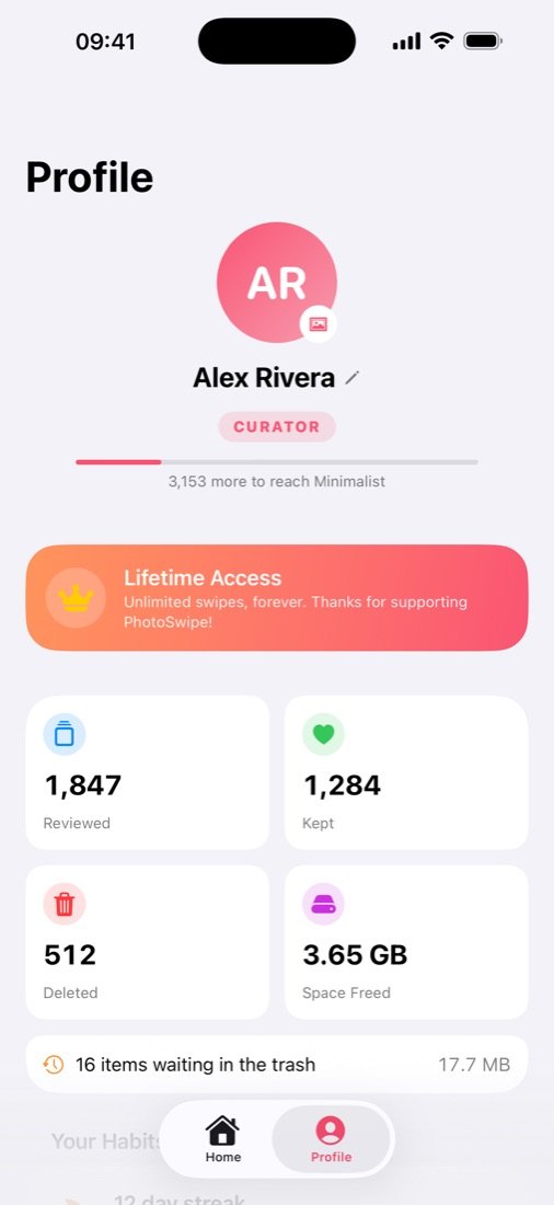 PhotoSwipe's profile screen showing reviewed, kept and deleted counts and space freed